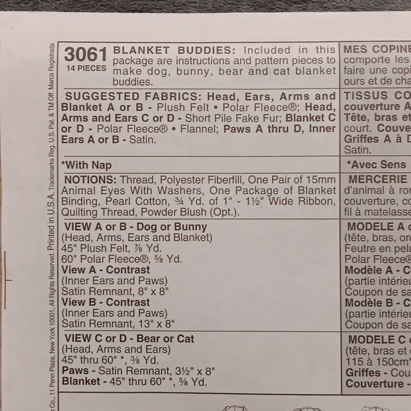 2000's UNCUT Blanket Buddies McCall's Crafts Pattern, Gifts For Infants & Kids - Picture 5 of 7